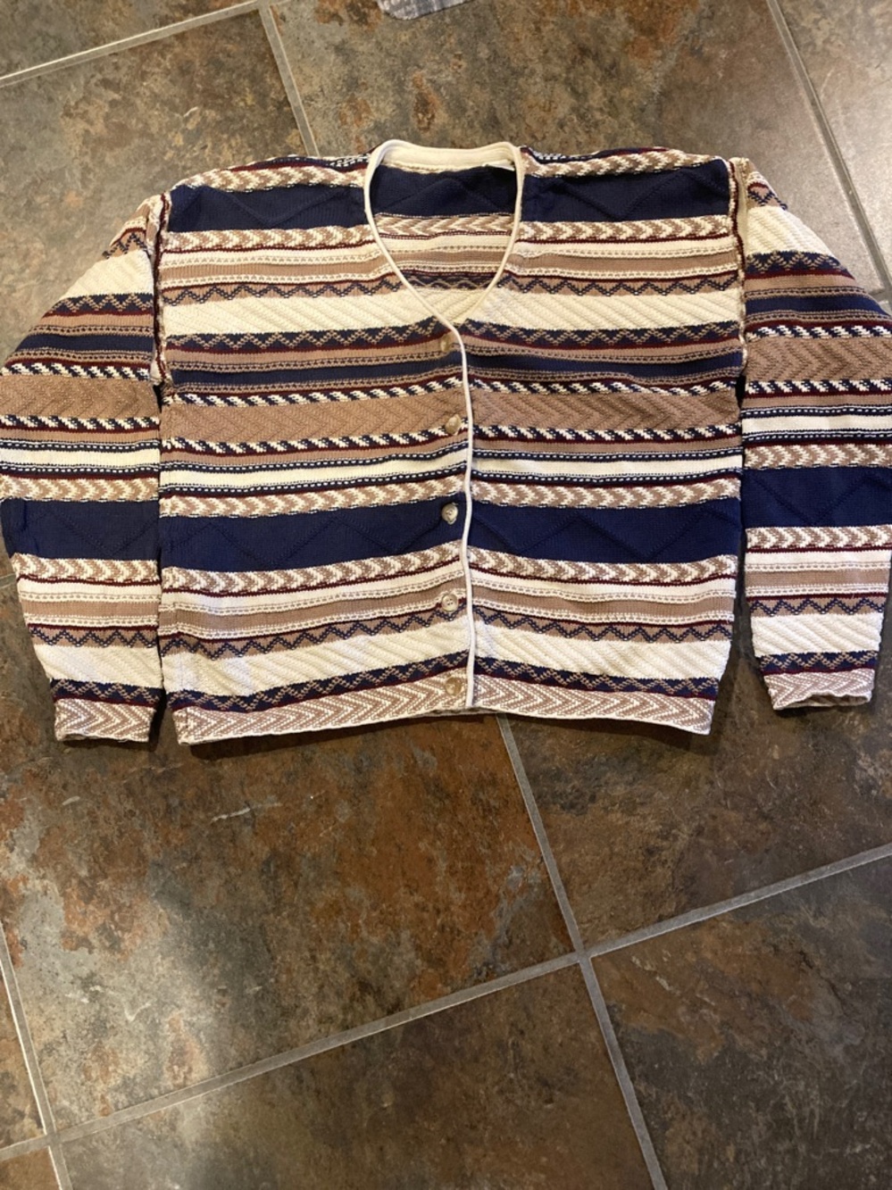 Striped Navy and Cream Women's Button-Up Sweater Cardigan